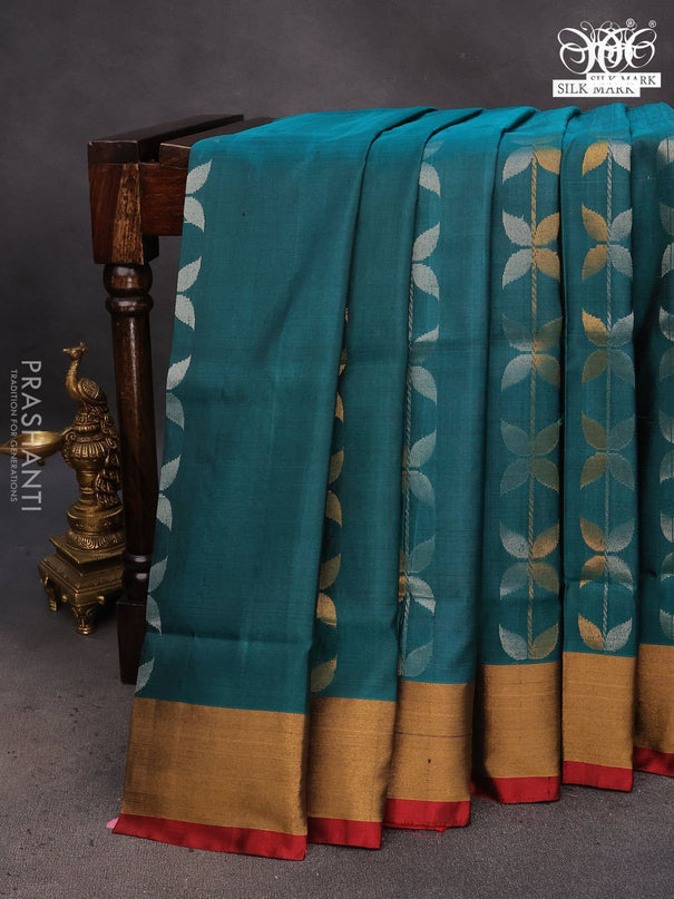 Pure uppada silk saree peacock green and maroon with allover silver & zari weaves and zari woven border