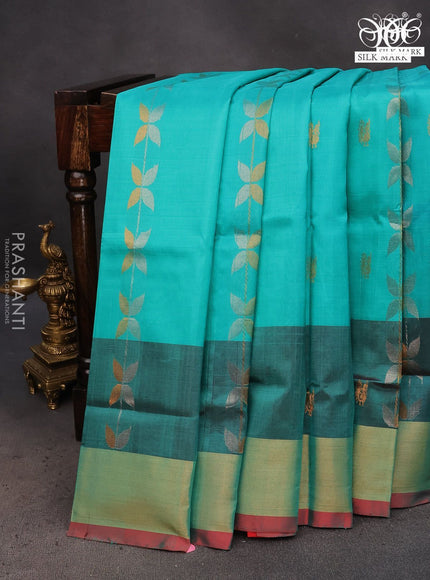 Pure uppada silk saree teal blue shade and maroon with allover silver & zari weaves and zari woven border