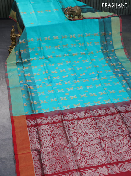 Pure uppada silk saree teal blue shade and maroon with allover silver & zari weaves and zari woven border