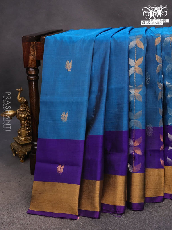 Pure uppada silk saree cs blue and deep violet with allover silver & zari weaves and zari woven border