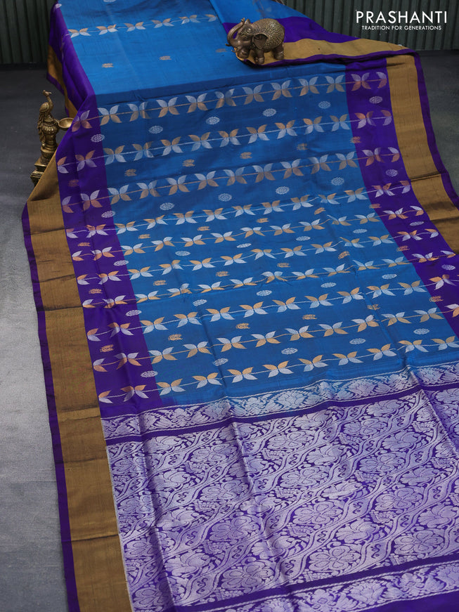 Pure uppada silk saree cs blue and deep violet with allover silver & zari weaves and zari woven border