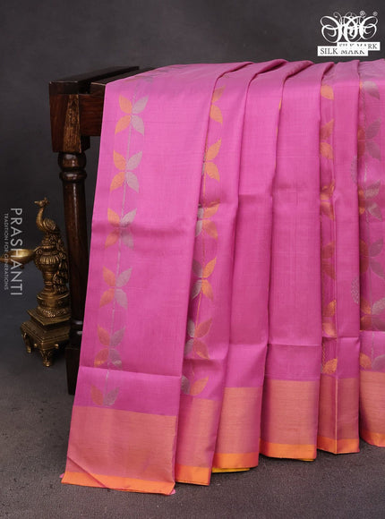 Pure uppada silk saree light pink and mustard yellow with allover silver & zari weaves and zari woven border