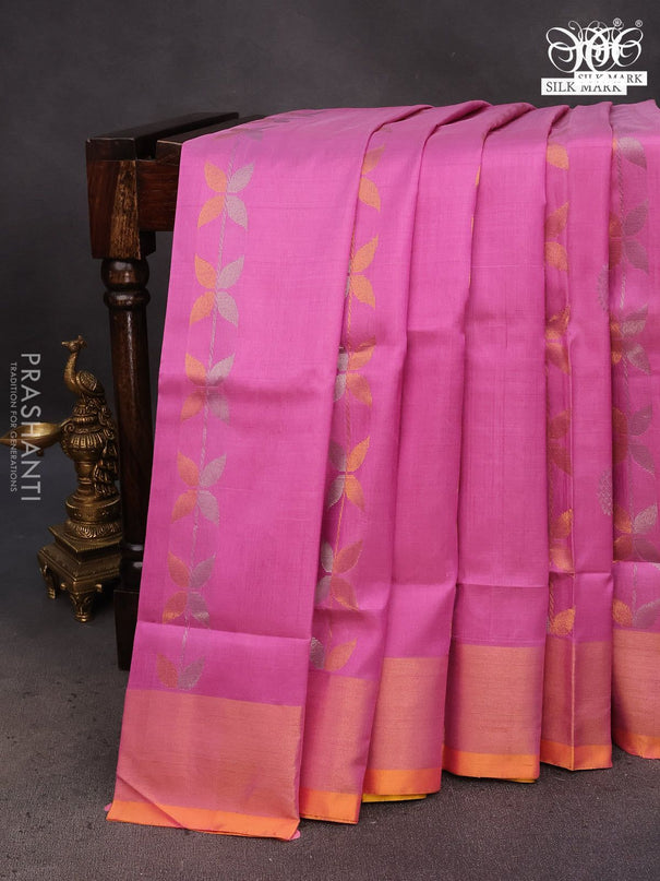 Pure uppada silk saree light pink and mustard yellow with allover silver & zari weaves and zari woven border