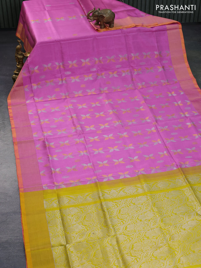 Pure uppada silk saree light pink and mustard yellow with allover silver & zari weaves and zari woven border