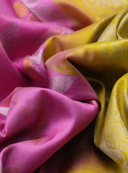 Pure uppada silk saree light pink and mustard yellow with allover silver & zari weaves and zari woven border