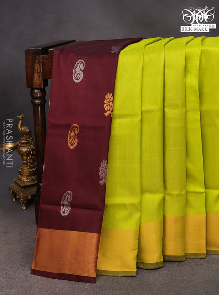 Pure uppada partly silk saree fluorescent green and coffee brown with plain body and zari woven border