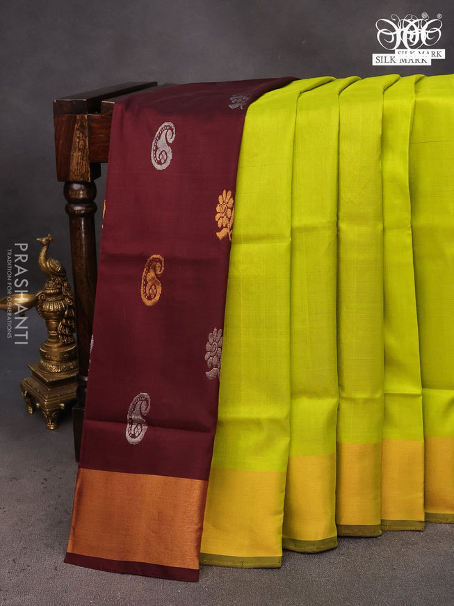 Pure uppada partly silk saree fluorescent green and coffee brown with plain body and zari woven border