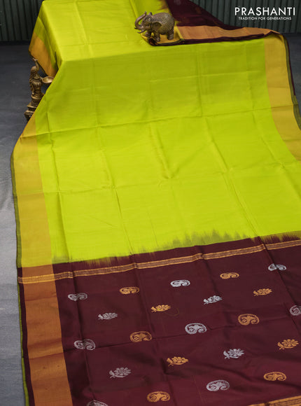 Pure uppada partly silk saree fluorescent green and coffee brown with plain body and zari woven border