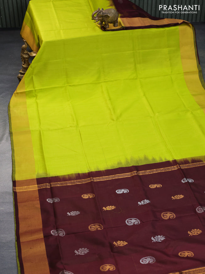 Pure uppada partly silk saree fluorescent green and coffee brown with plain body and zari woven border