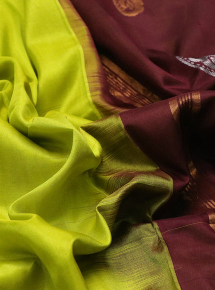 Pure uppada partly silk saree fluorescent green and coffee brown with plain body and zari woven border