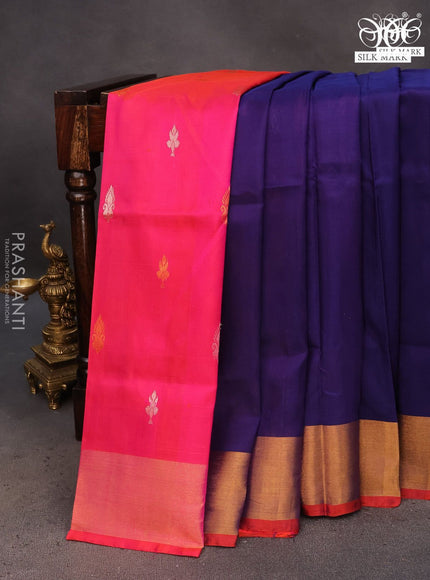 Pure uppada partly silk saree navy blue and dual shade of pinkish orange with plain body and zari woven border