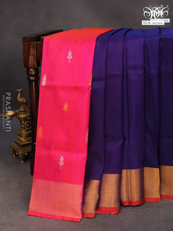 Pure uppada partly silk saree navy blue and dual shade of pinkish orange with plain body and zari woven border