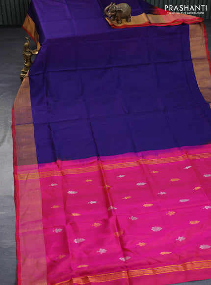 Pure uppada partly silk saree navy blue and dual shade of pinkish orange with plain body and zari woven border