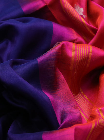 Pure uppada partly silk saree navy blue and dual shade of pinkish orange with plain body and zari woven border