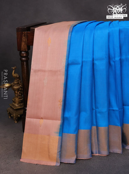 Pure uppada partly silk saree cs blue and pastel brown with plain body and zari woven border