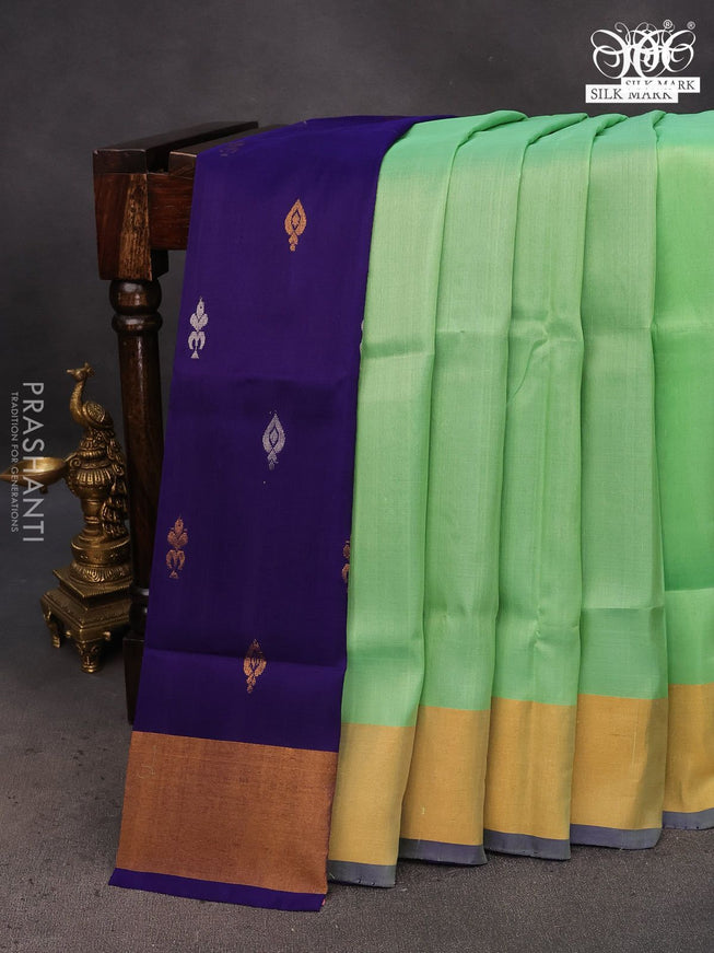 Pure uppada partly silk saree pista green and navy blue with plain body and zari woven border