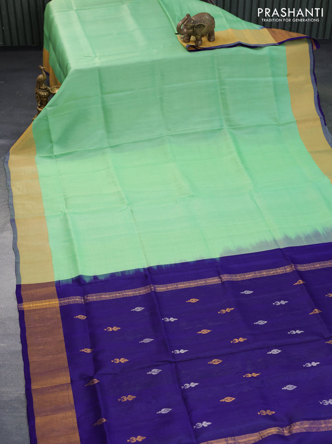 Pure uppada partly silk saree pista green and navy blue with plain body and zari woven border