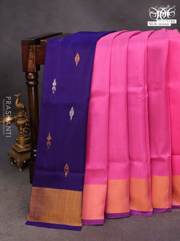 Pure uppada partly silk saree pink and navy blue with plain body and zari woven border