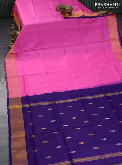 Pure uppada partly silk saree pink and navy blue with plain body and zari woven border