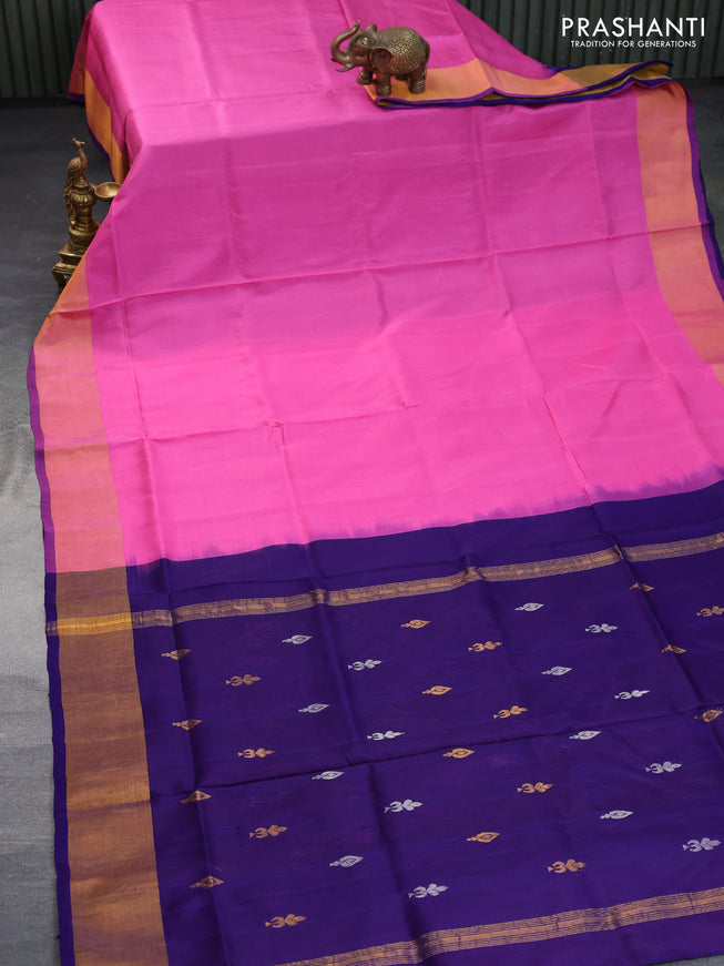 Pure uppada partly silk saree pink and navy blue with plain body and zari woven border