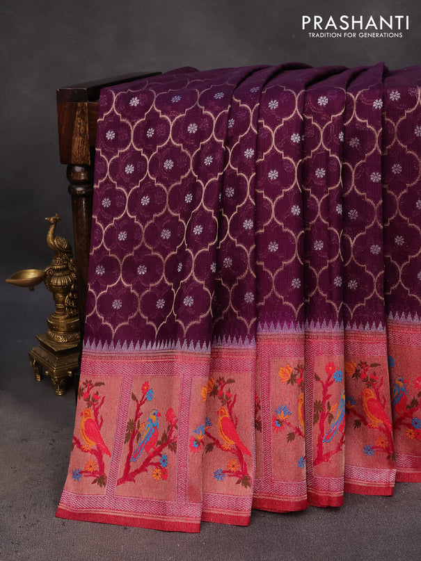 Semi banarasi kota saree deep violet and pink with allover zari weaves and zari woven paithani border