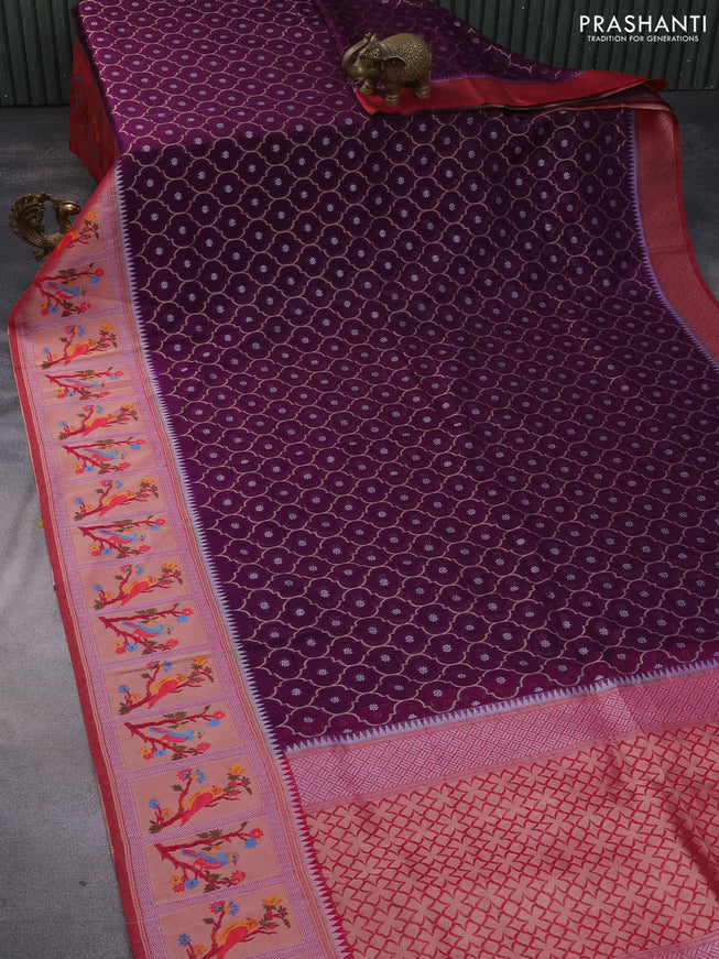 Semi banarasi kota saree deep violet and pink with allover zari weaves and zari woven paithani border