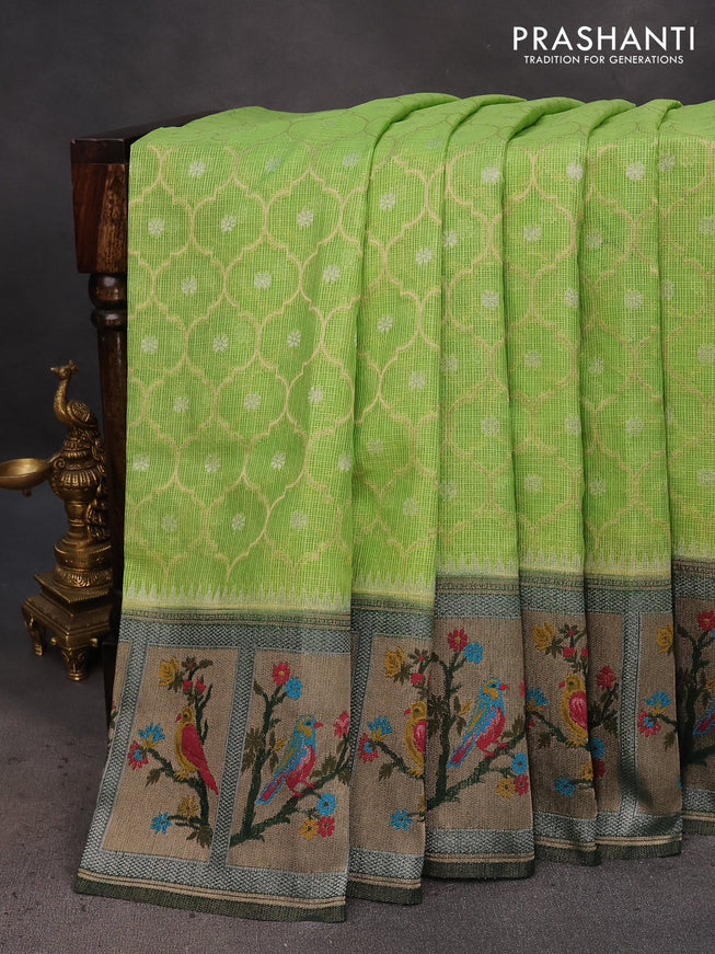 Semi banarasi kota saree light green and dark green with allover zari weaves and zari woven paithani border