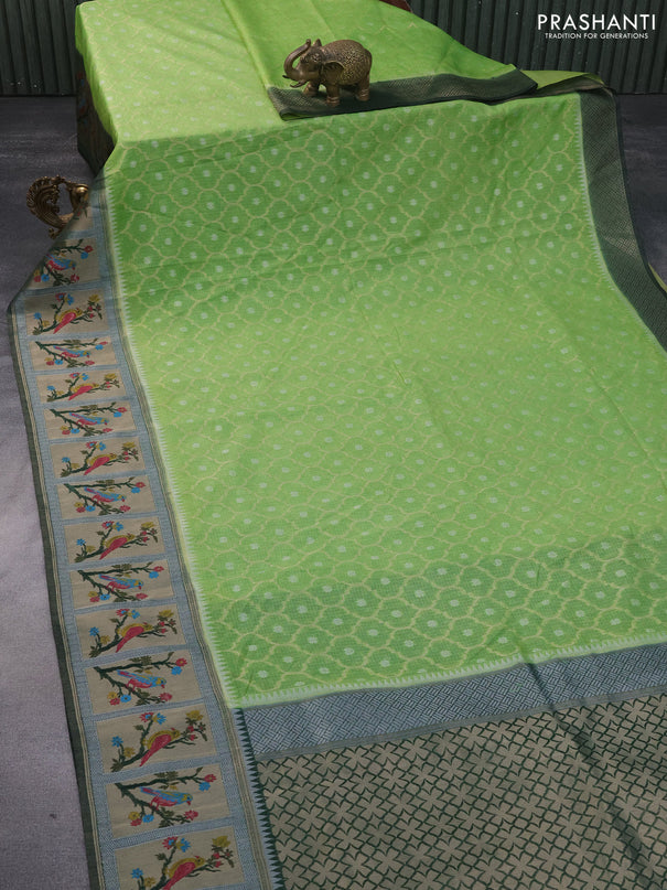 Semi banarasi kota saree light green and dark green with allover zari weaves and zari woven paithani border