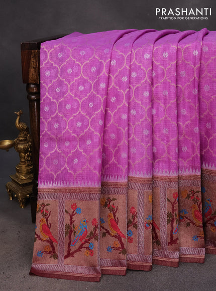 Semi banarasi kota saree lavender shade and deep maroon with allover zari weaves and zari woven paithani border