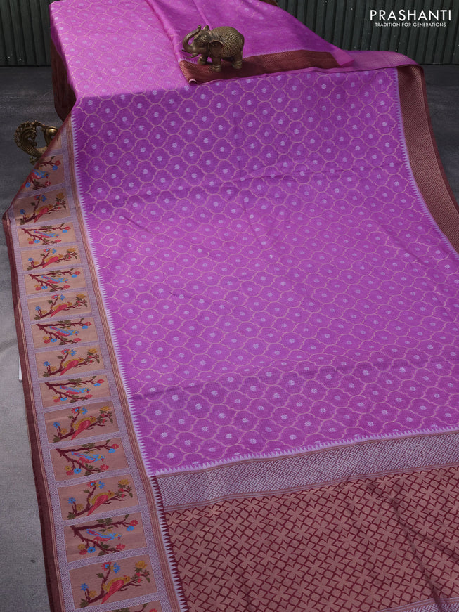 Semi banarasi kota saree lavender shade and deep maroon with allover zari weaves and zari woven paithani border