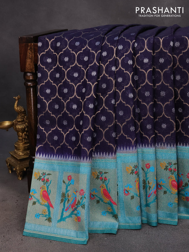 Semi banarasi kota saree dark blue and teal blue with allover zari weaves and zari woven paithani border