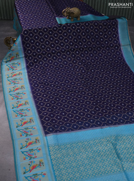 Semi banarasi kota saree dark blue and teal blue with allover zari weaves and zari woven paithani border