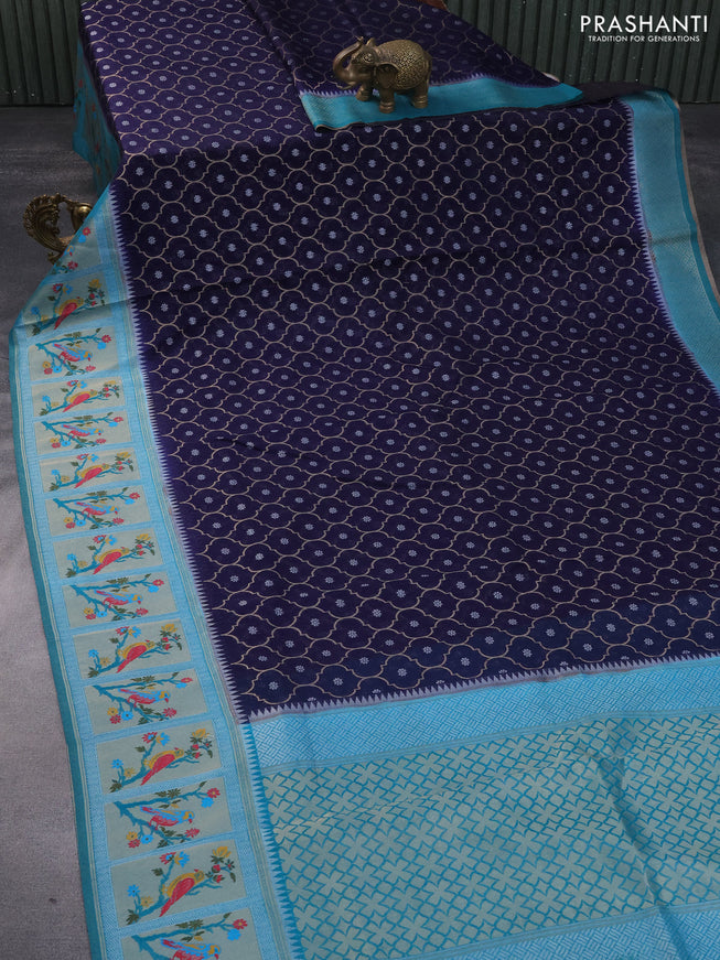 Semi banarasi kota saree dark blue and teal blue with allover zari weaves and zari woven paithani border