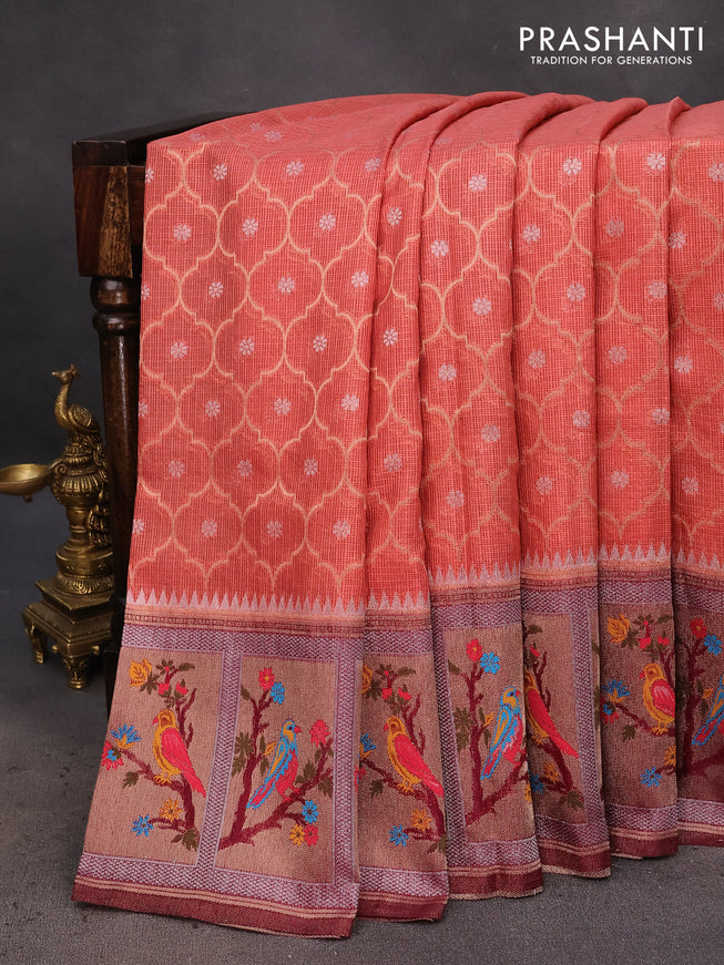 Semi banarasi kota saree peach shade and maroon with allover zari weaves and zari woven paithani border