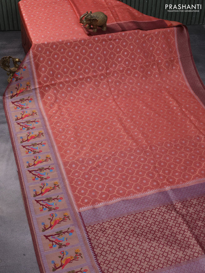 Semi banarasi kota saree peach shade and maroon with allover zari weaves and zari woven paithani border