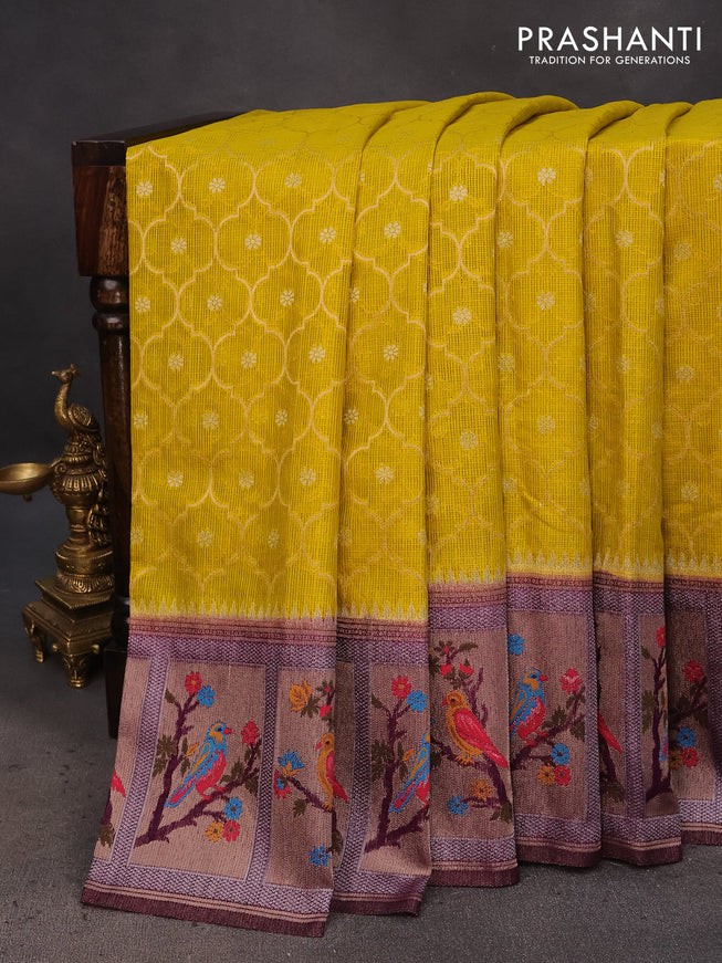 Semi banarasi kota saree yellow and wine shade with allover zari weaves and zari woven paithani border