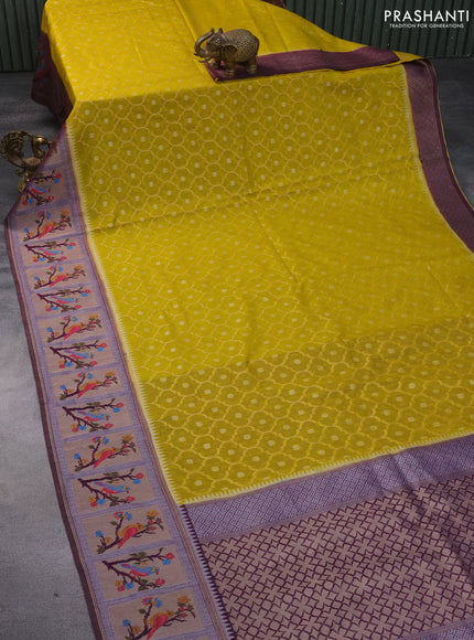 Semi banarasi kota saree yellow and wine shade with allover zari weaves and zari woven paithani border