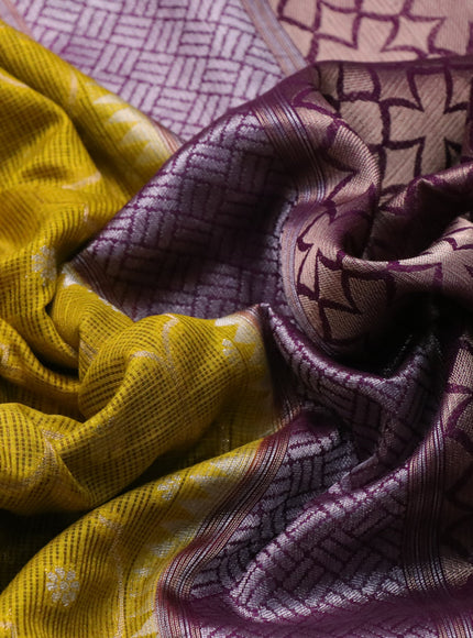 Semi banarasi kota saree yellow and wine shade with allover zari weaves and zari woven paithani border