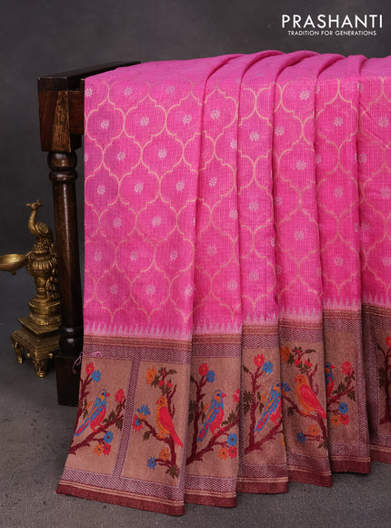 Semi banarasi kota saree pink and maroon with allover zari weaves and zari woven paithani border