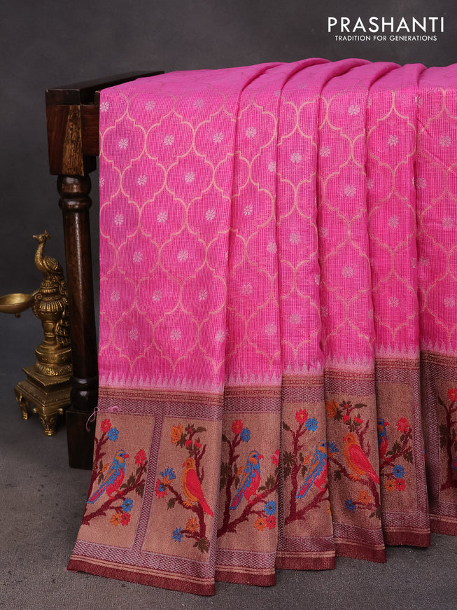 Semi banarasi kota saree pink and maroon with allover zari weaves and zari woven paithani border