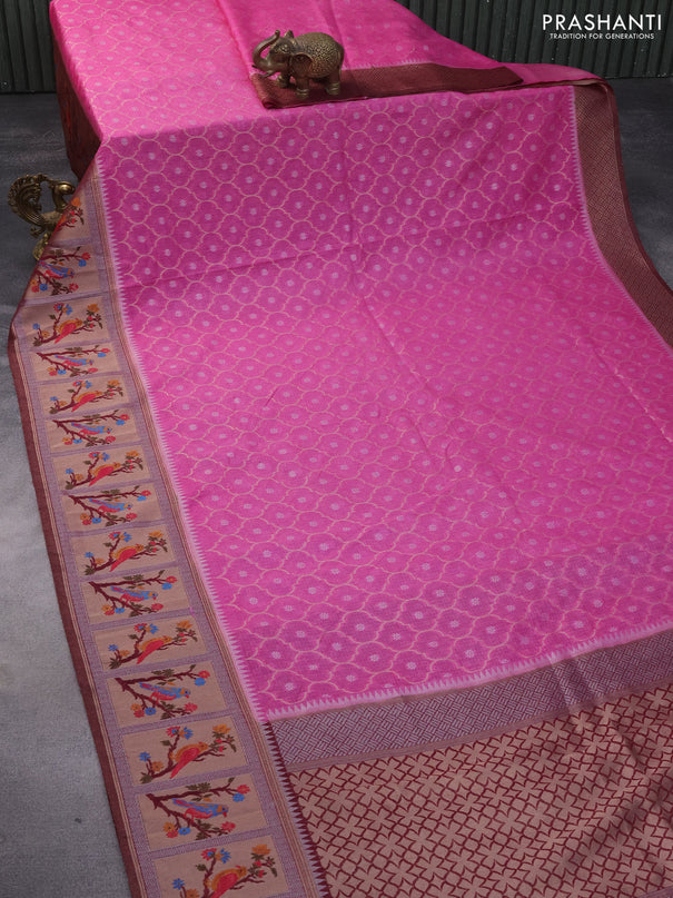 Semi banarasi kota saree pink and maroon with allover zari weaves and zari woven paithani border