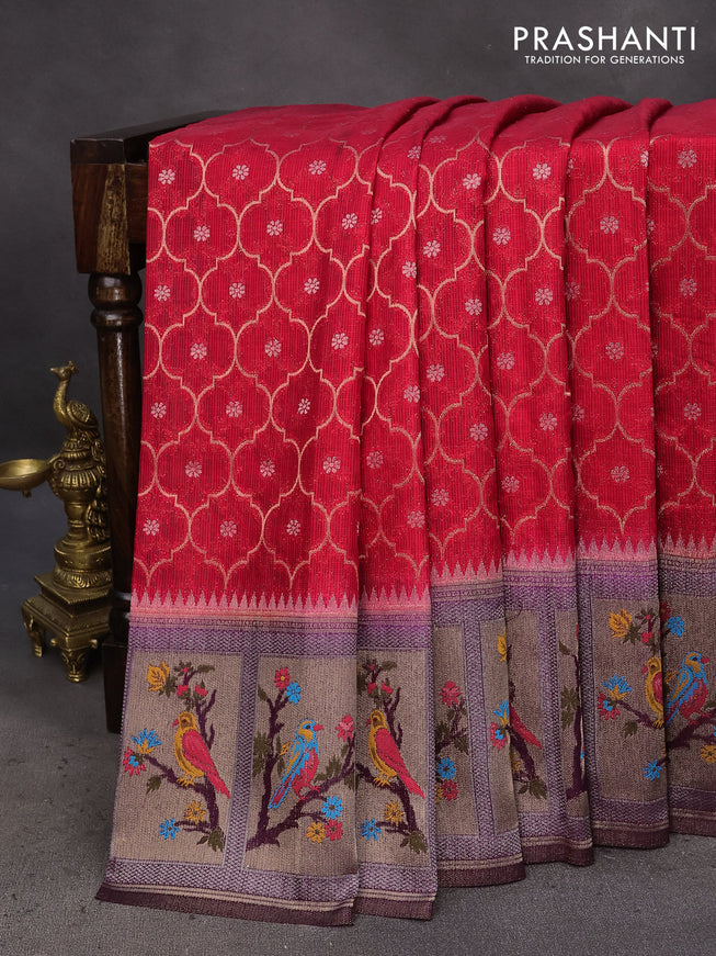 Semi banarasi kota saree reddish pink and wine shade with allover zari weaves and zari woven paithani border