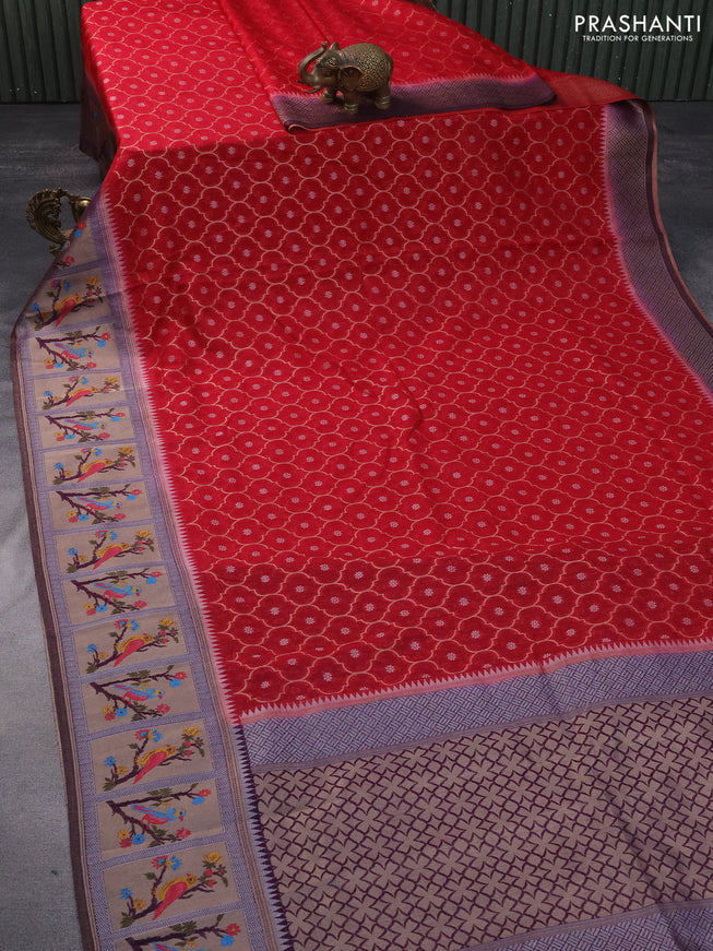 Semi banarasi kota saree reddish pink and wine shade with allover zari weaves and zari woven paithani border