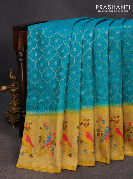 Semi banarasi kota saree teal blue and yellow with allover zari weaves and zari woven paithani border