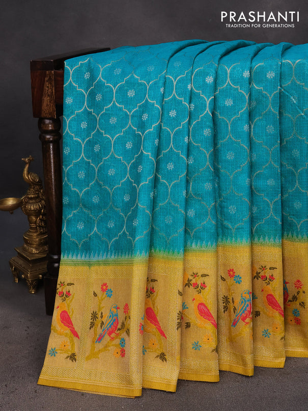 Semi banarasi kota saree teal blue and yellow with allover zari weaves and zari woven paithani border