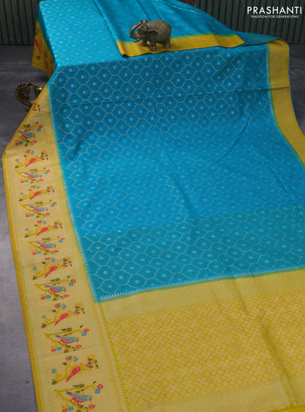 Semi banarasi kota saree teal blue and yellow with allover zari weaves and zari woven paithani border