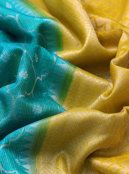 Semi banarasi kota saree teal blue and yellow with allover zari weaves and zari woven paithani border