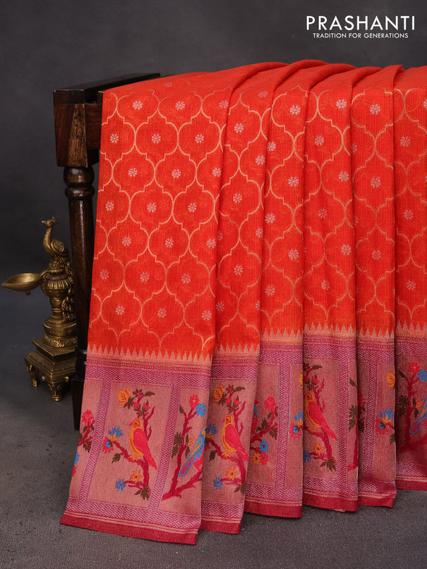 Semi banarasi kota saree orange and pink with allover zari weaves and zari woven paithani border