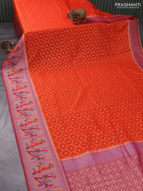 Semi banarasi kota saree orange and pink with allover zari weaves and zari woven paithani border