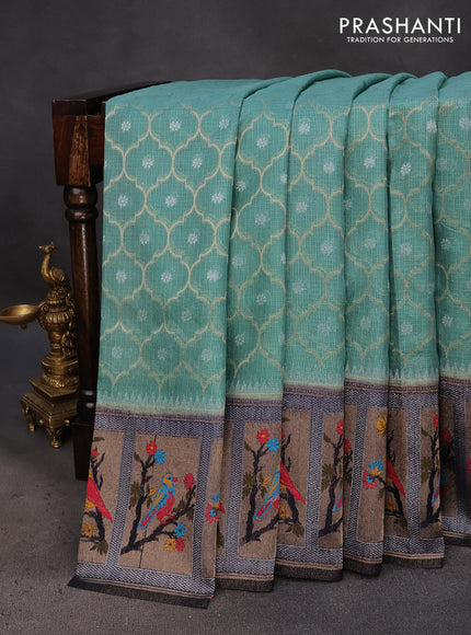 Semi banarasi kota saree teal green shade and dark blue with allover zari weaves and zari woven paithani border